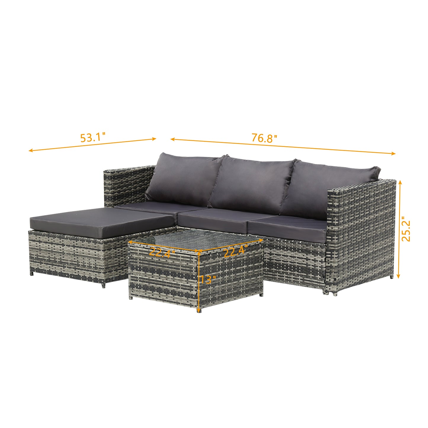 Three-Seater Sofa Pedal Coffee Table Dark Gray Cushion Gray Gradient Rattan  Iron